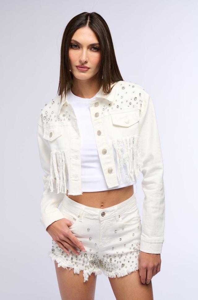 RILEE EMBELLISHED DENIM CROP JACKET IN WHITE Product Image