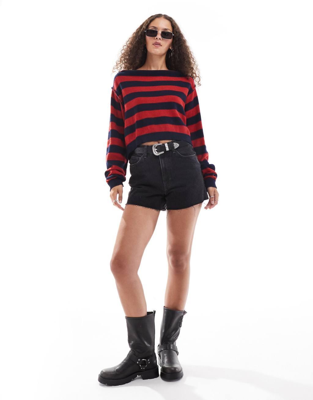 Free People slash neck striped sweater in multi Product Image