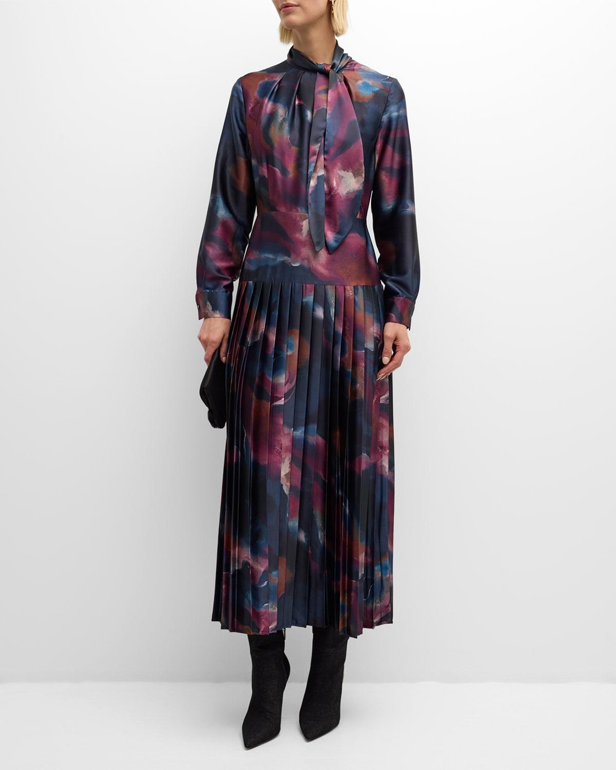 Misook Tie Neck Long Sleeve Pleated Maxi Dress Product Image