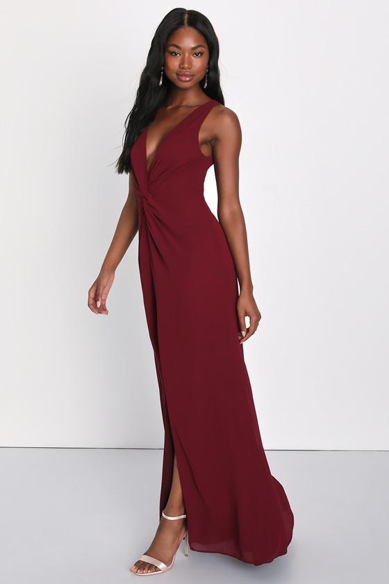 Endearing Elegance Burgundy Sleeveless Twist-Front Maxi Dress Product Image