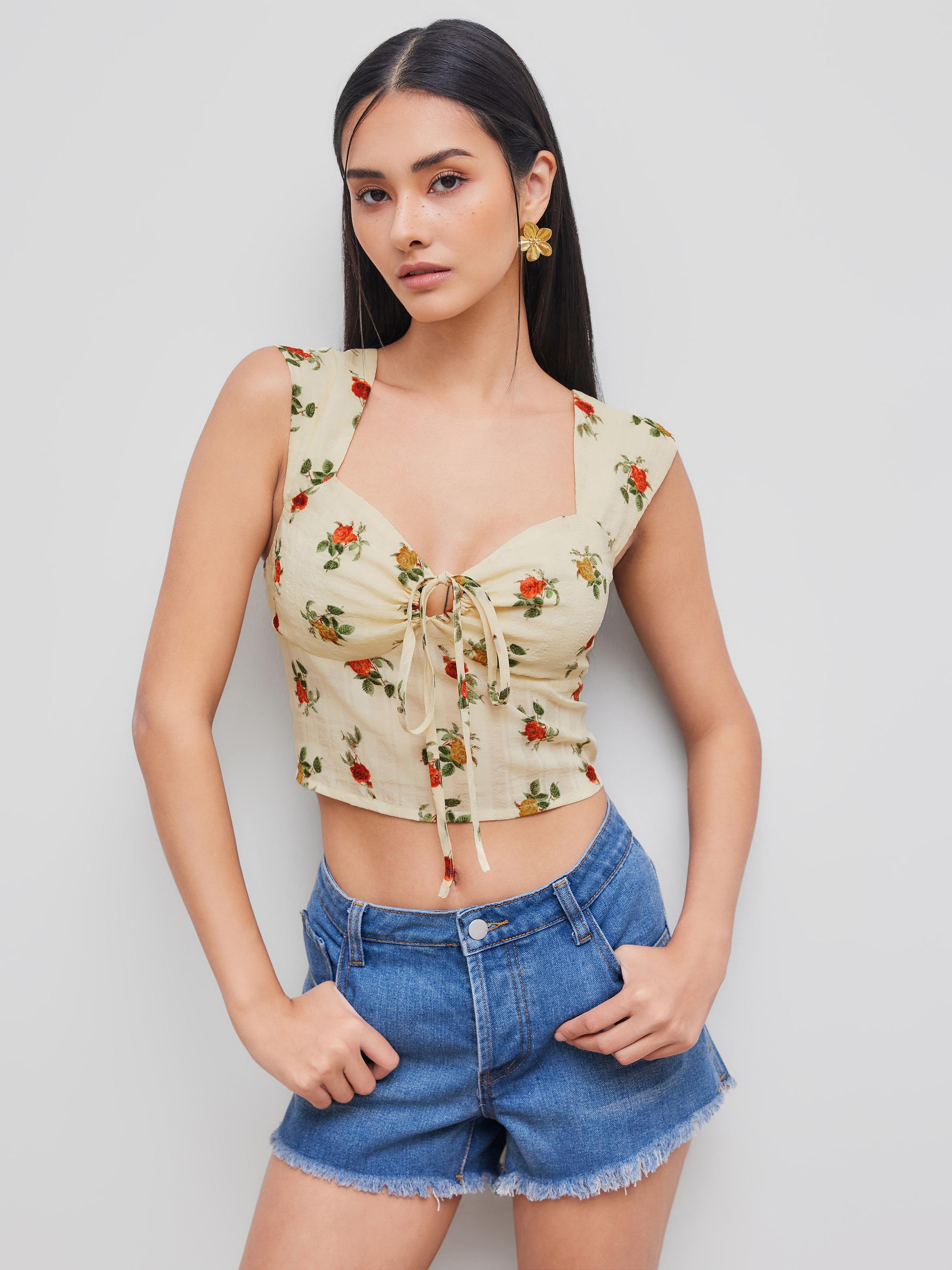 Sweetheart Neckline Floral Knotted Shirred Crop Tank Top Product Image