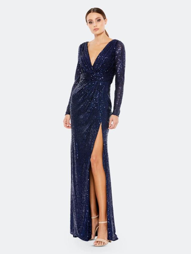 Long Sleeve Sequin Faux Wrap Gown In Midnight Product Image