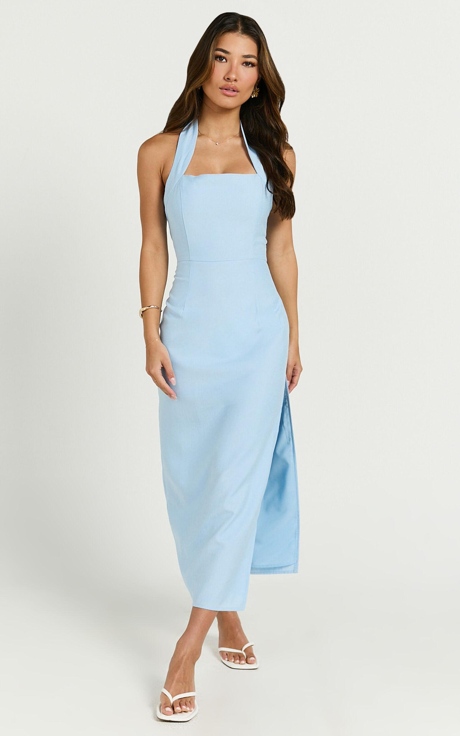 Darcy Midi Dress - Halter Fitted Side Split Dress in Blue Product Image