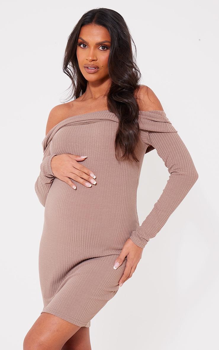 Maternity Mocha Rib Off The Shoulder Mini Dress Product Image