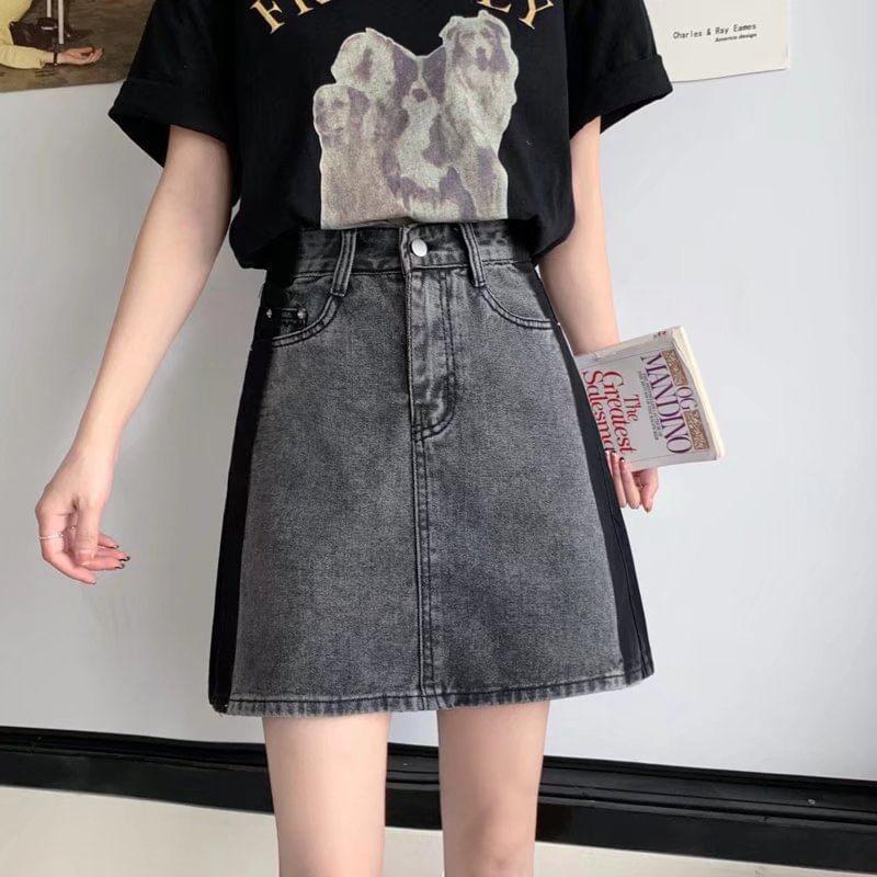 High Waist Denim Mini A-Line Skirt Product Image