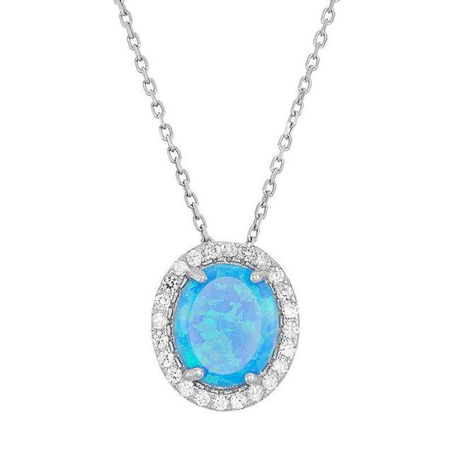 Lab-Created Blue Opal & Cubic Zirconia Sterling Silver Oval Halo Pendant Necklace, Womens Product Image