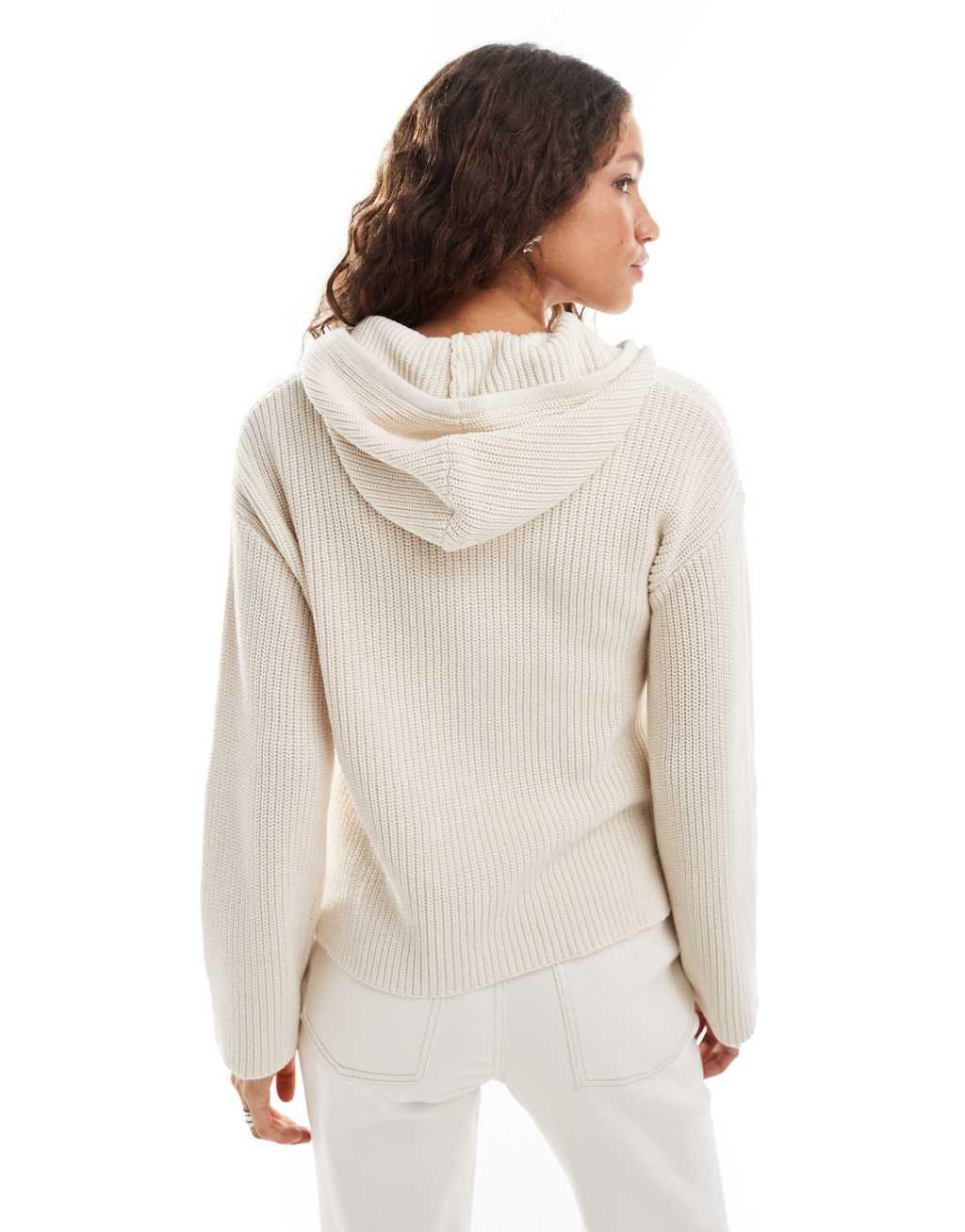 Monki rib knit hoodie zip up cardigan in light beige Product Image