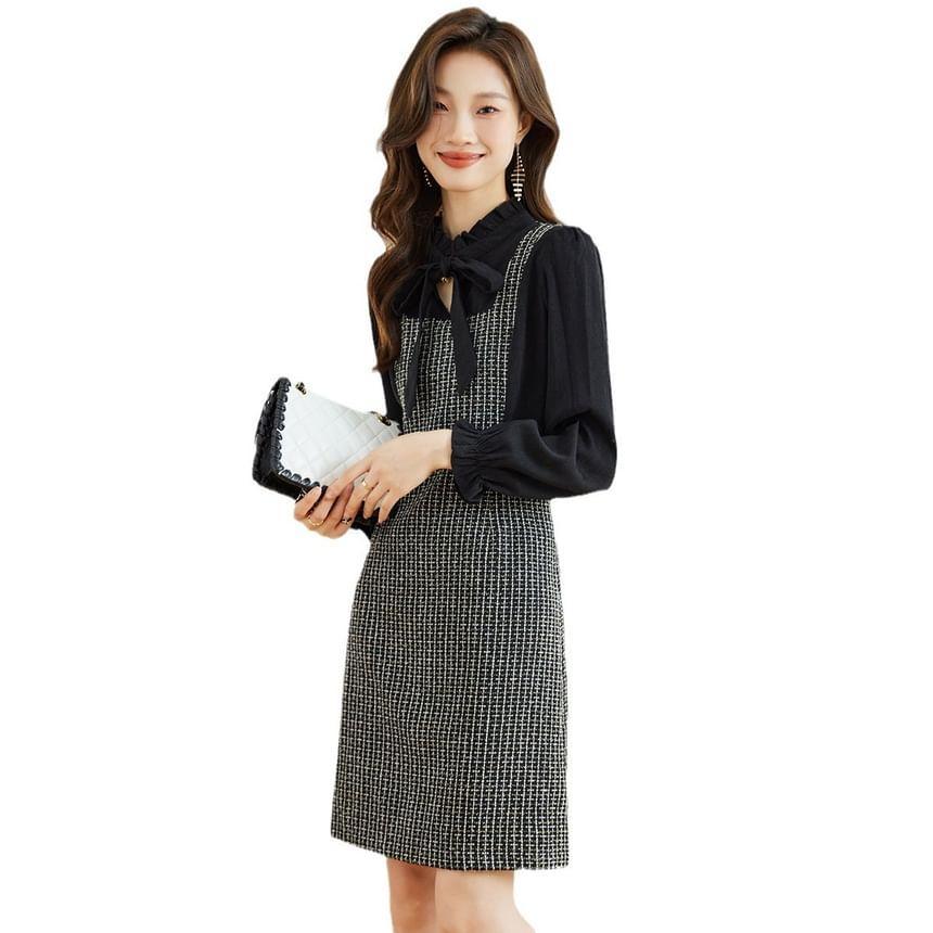 Mock Two-Piece Long-Sleeve Tie-Neck Plaid Panel Sheath Dress Product Image