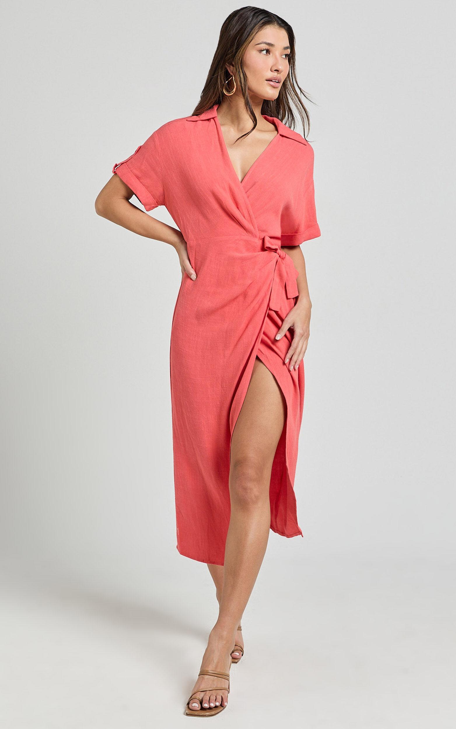 Carina Midi Dress - Linen Blend Short Sleeve Collared Wrap Dress in Orange Product Image