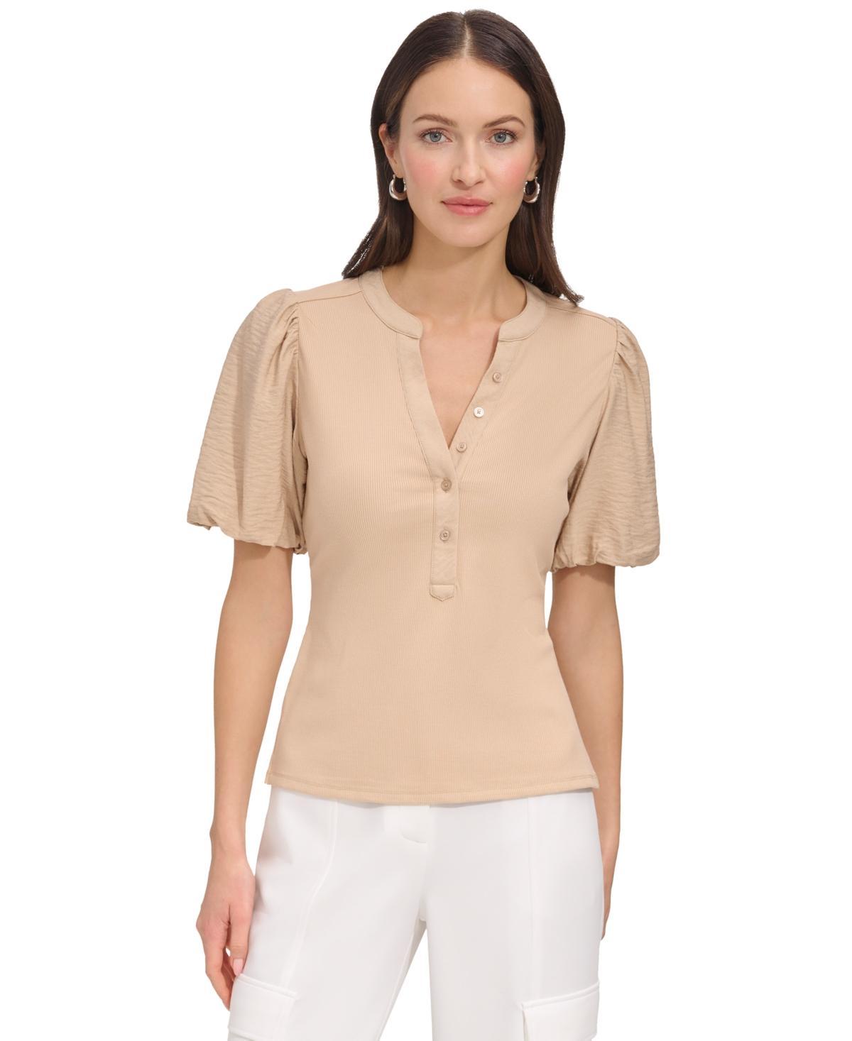 Dkny Womens Puff-Sleeve Ribbed Henley Shirt Product Image