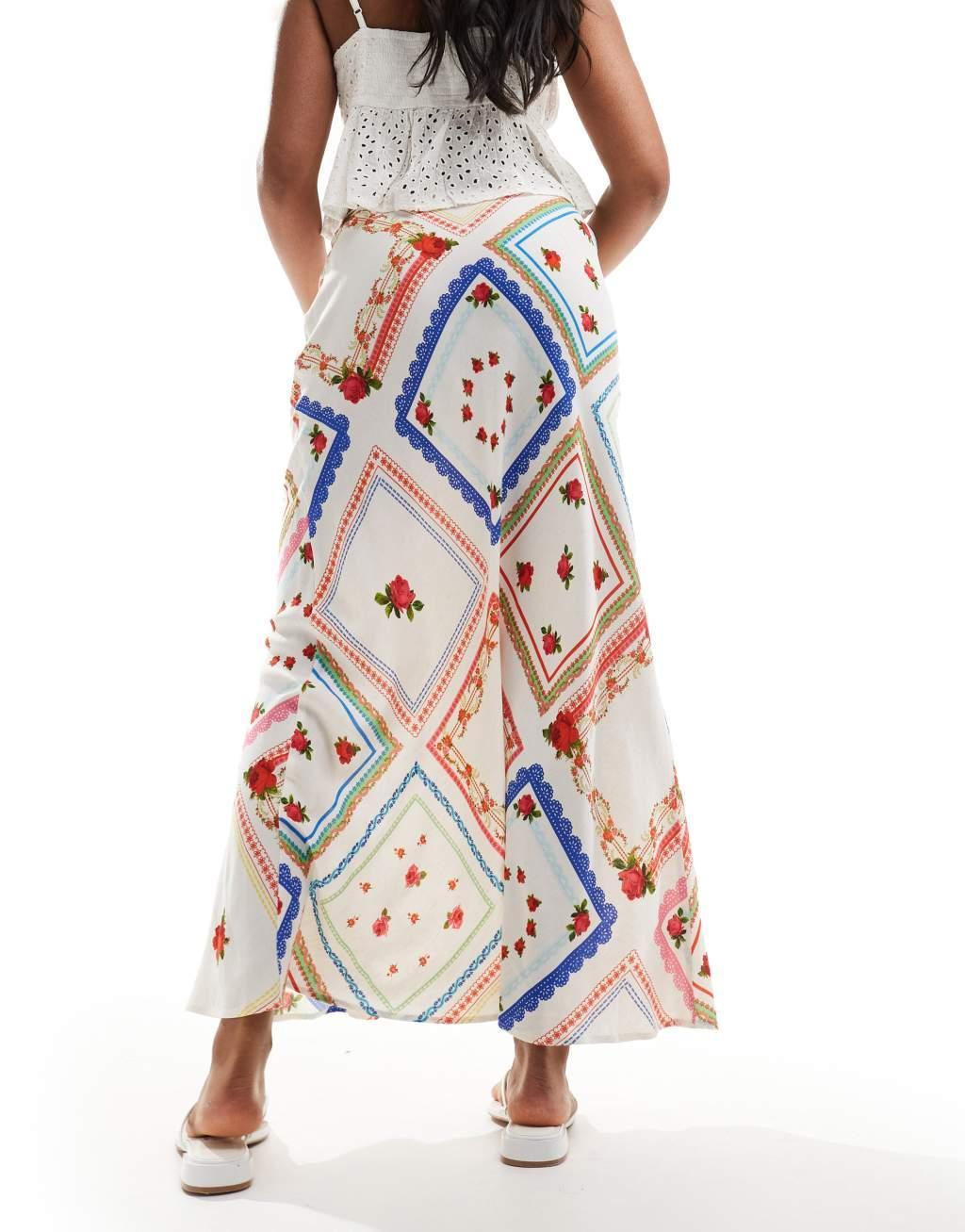 ASOS DESIGN linen-look bias cut maxi skirt in picnic print - part of a set Product Image