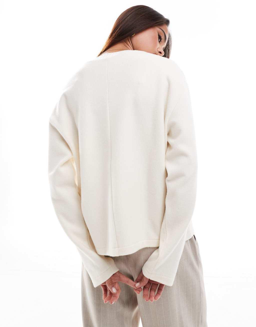 Stradivarius brushed round neck long sleeve top in ecru Product Image