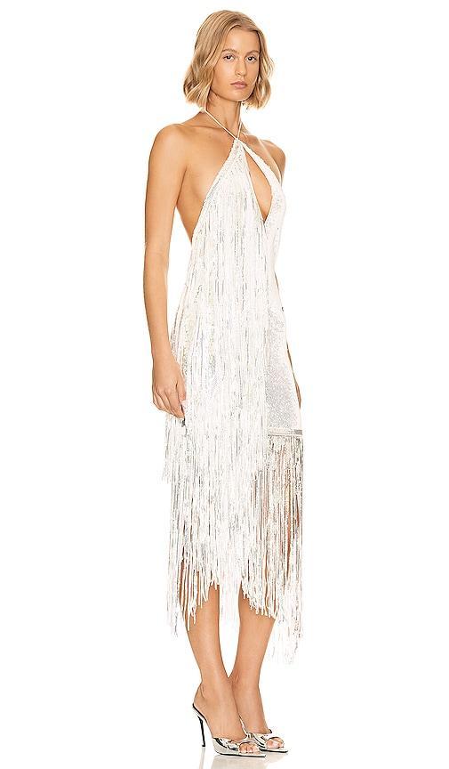 ROTATE Mini Fringe Dress in Metallic Silver. Product Image