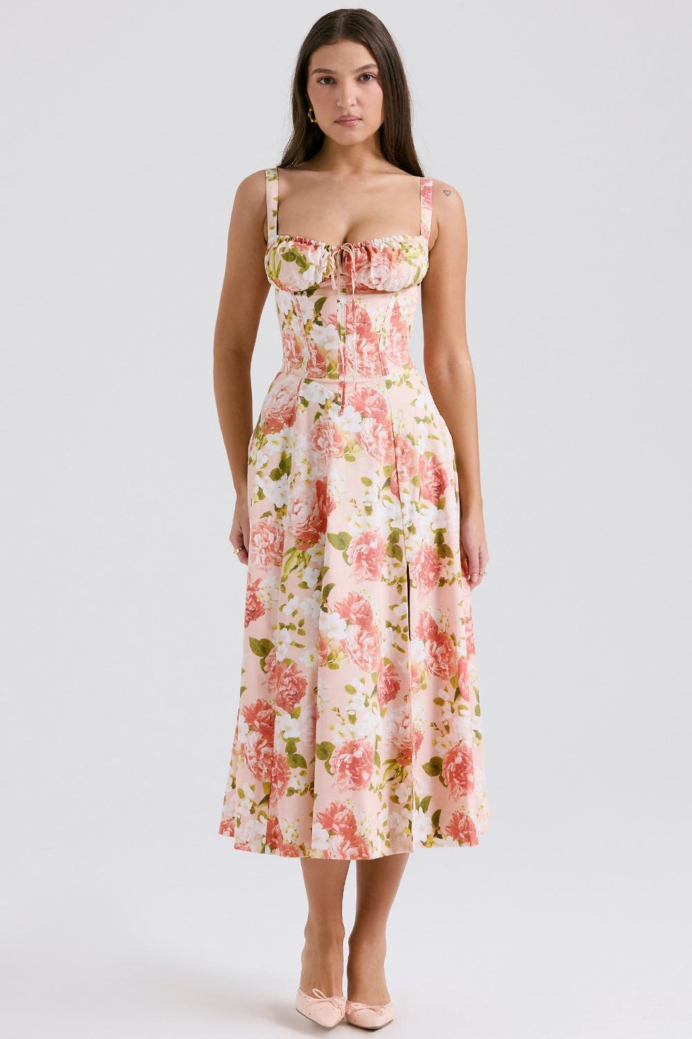 Carmen Pink Peony Print Cotton Bustier Sundress Product Image