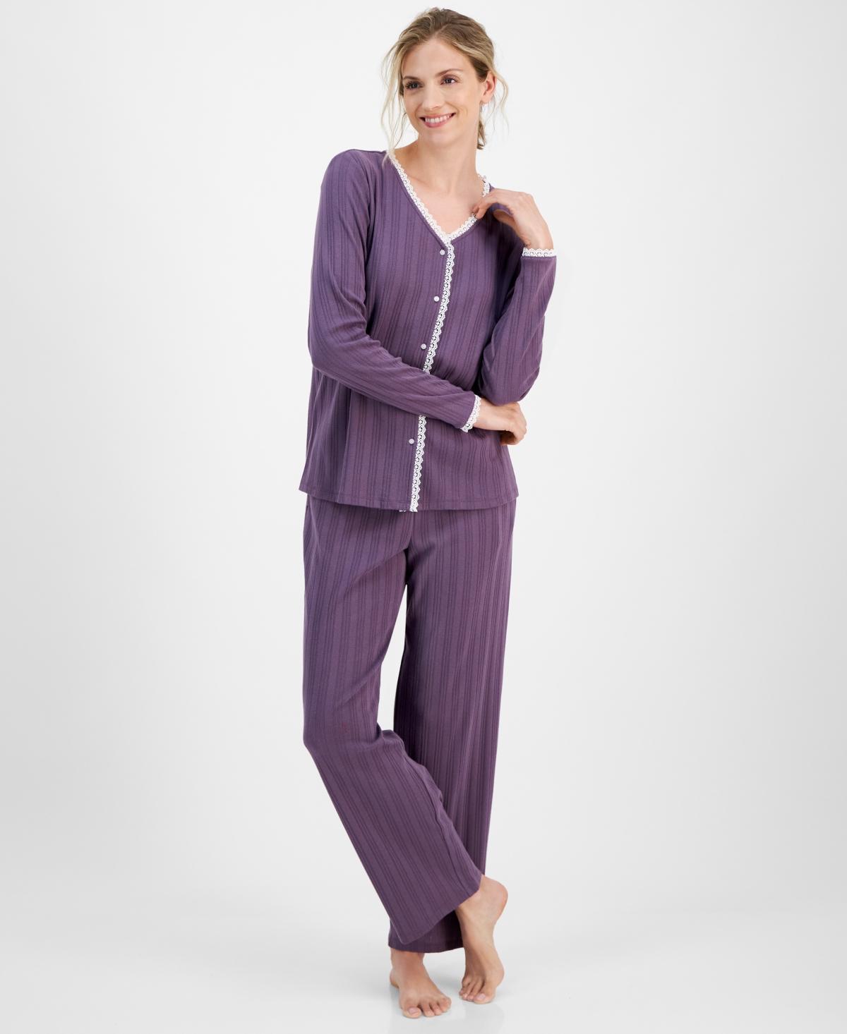 Charter Club Womens 2-Pc. Pointelle Lace-Trim Pajama Set, Created for Macys Product Image