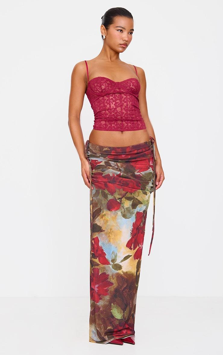 Red Rose Print Ruched Side Maxi Skirt Product Image