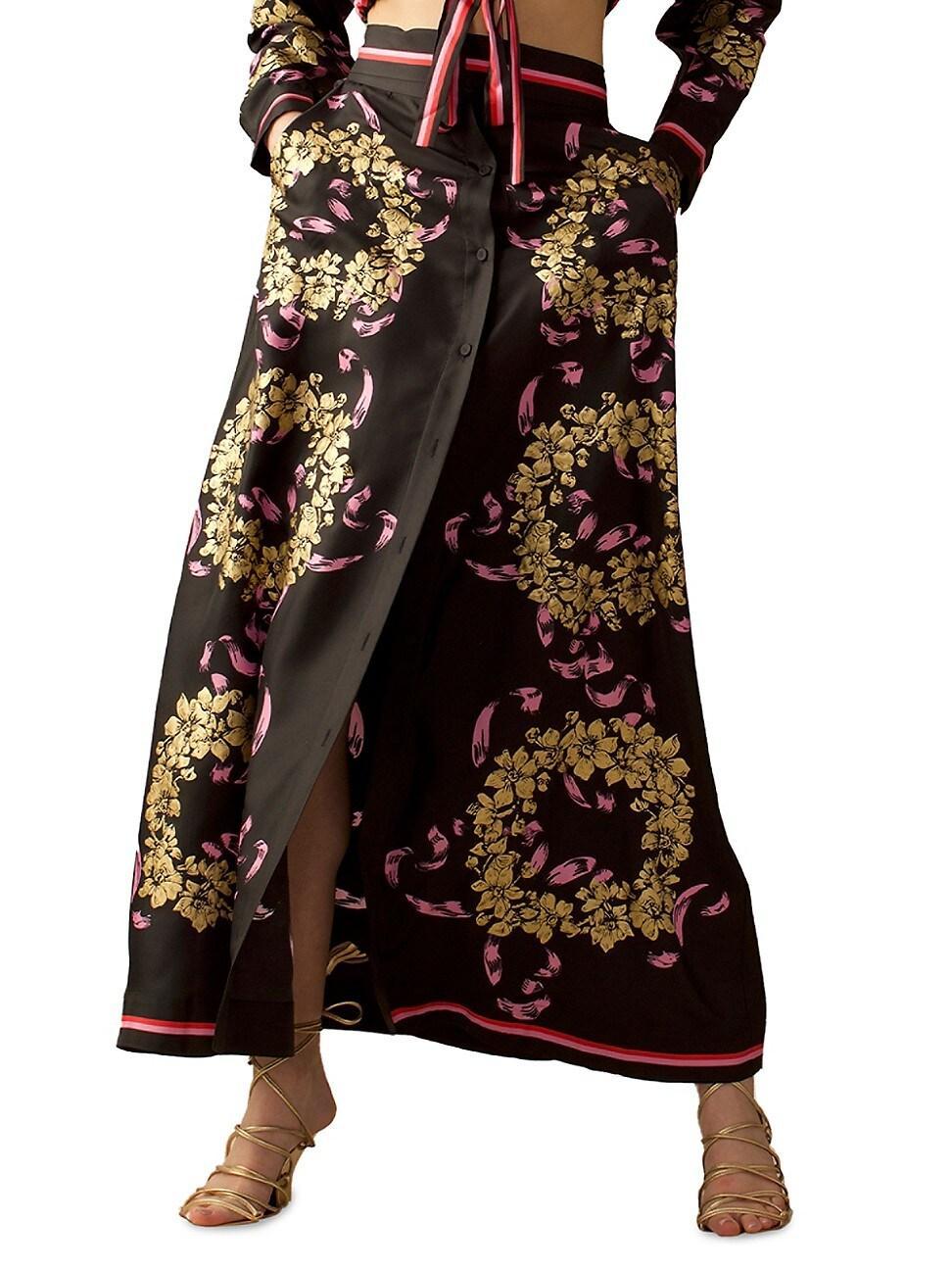 Womens Floral Button-Front Silk Maxi Skirt Product Image