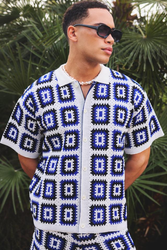 Oversized Boxy Crochet Knit Shirt In White | boohooMAN USA Product Image