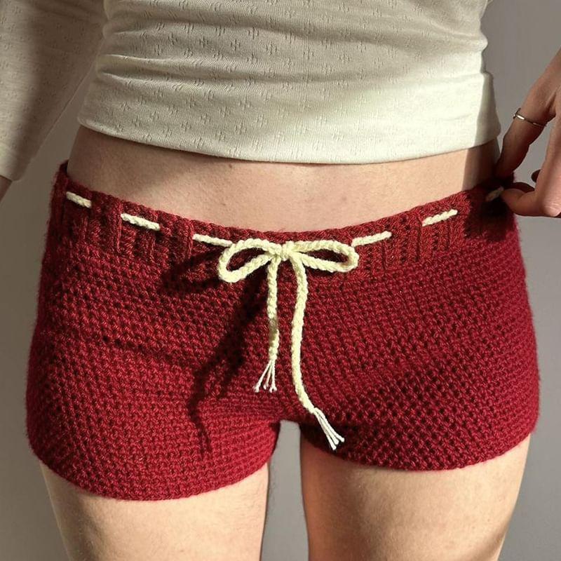 Low Waist Tie-Waist Knitted Mini Shorts Product Image