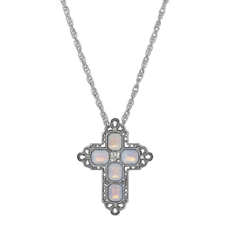 1928 Silver Tone Rectangle Simulated Crystal Cross Chain Necklace, Womens, Blue Product Image