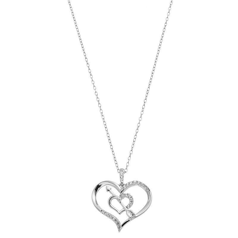 Sterling Silver Lab-Created White Sapphire Double Heart & Arrow Pendant Necklace, Womens Product Image