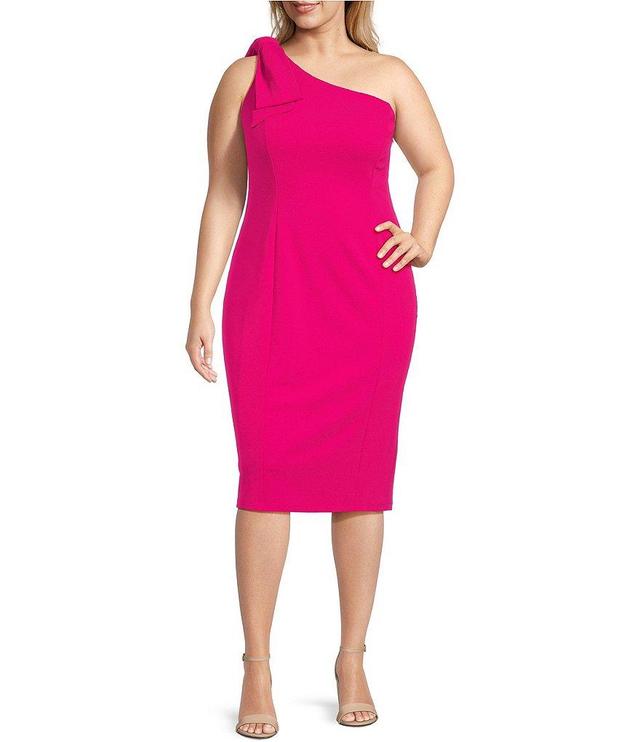 Marina Plus Size Sleeveless Bow One Shoulder Neck Scuba Crepe Knee Length Sheath Dress Product Image