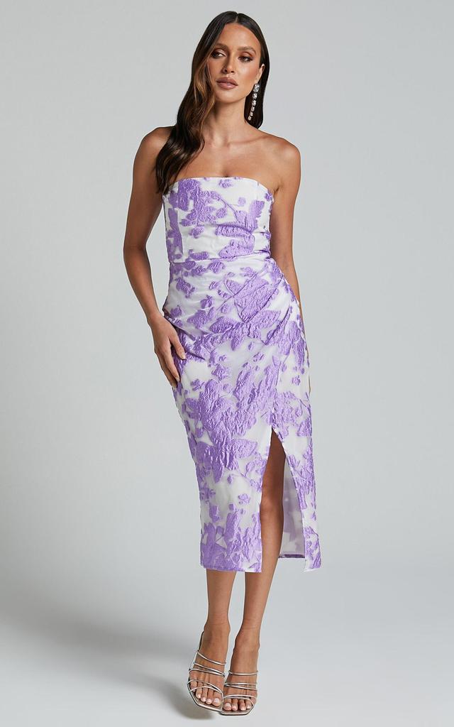 Brailey Midi Dress - Thigh Split Strapless Dress in Purple Jacquard Product Image