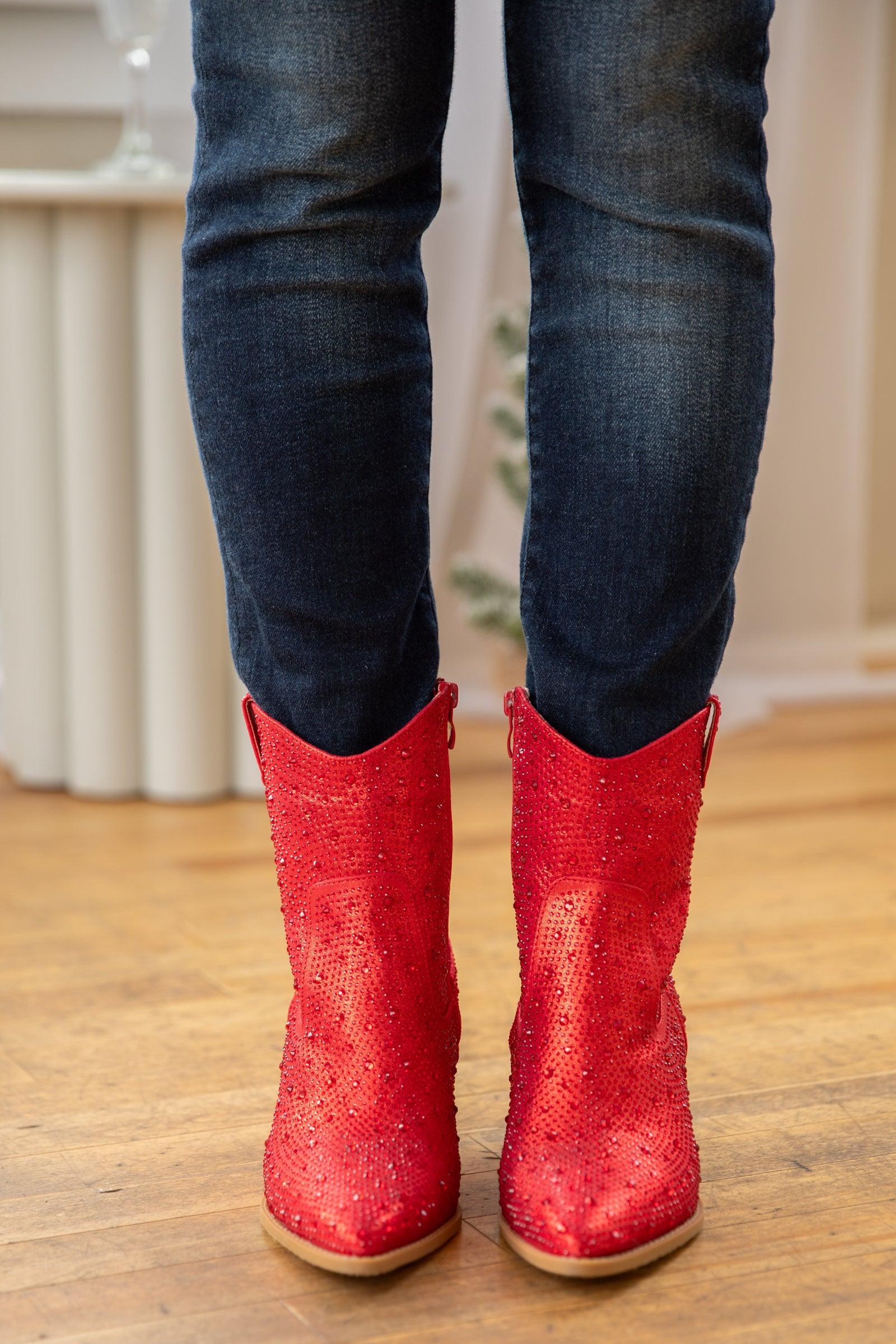 Red Point Toe Booties With Rhinestones Product Image