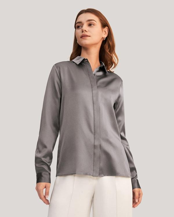 Basic Concealed Placket Silk Shirt Product Image