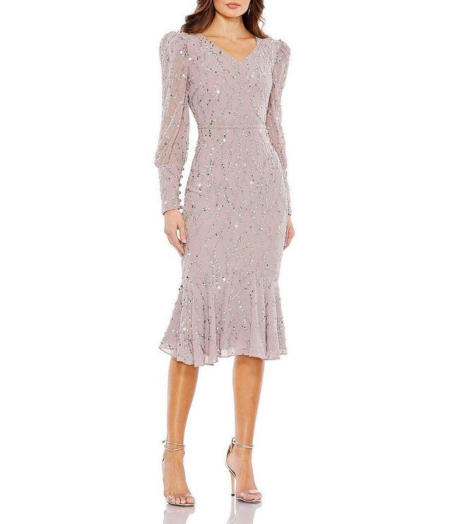 Mac Duggal Sequin V-Neck Long Sleeve Midi Dress Product Image