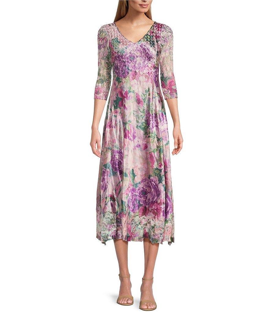 Komarov Charmeuse Floral Print V-Neck 3/4 Sleeve Midi Dress Product Image