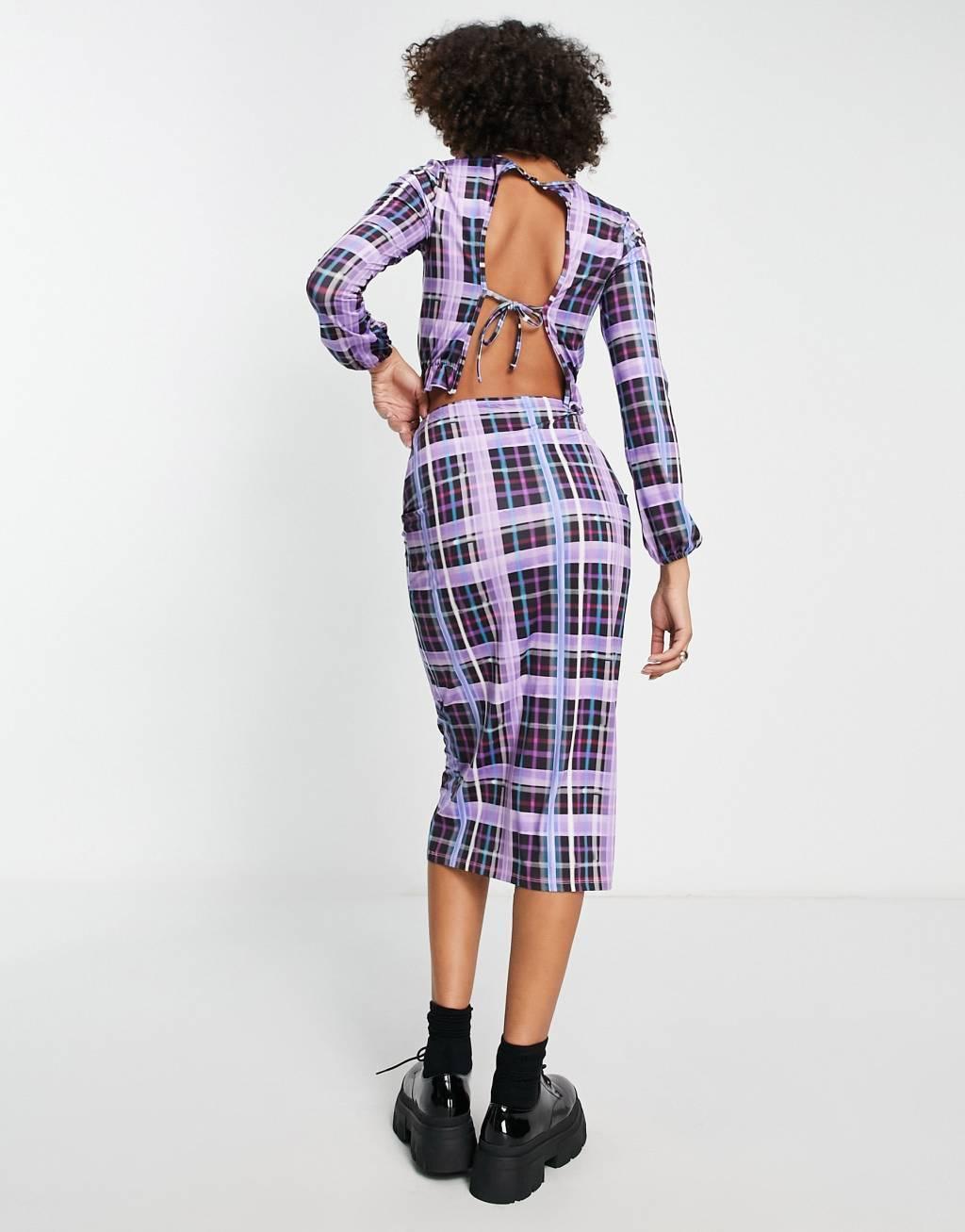 Only Exclusive ruched detail midi skirt in purple check - part of a set Product Image