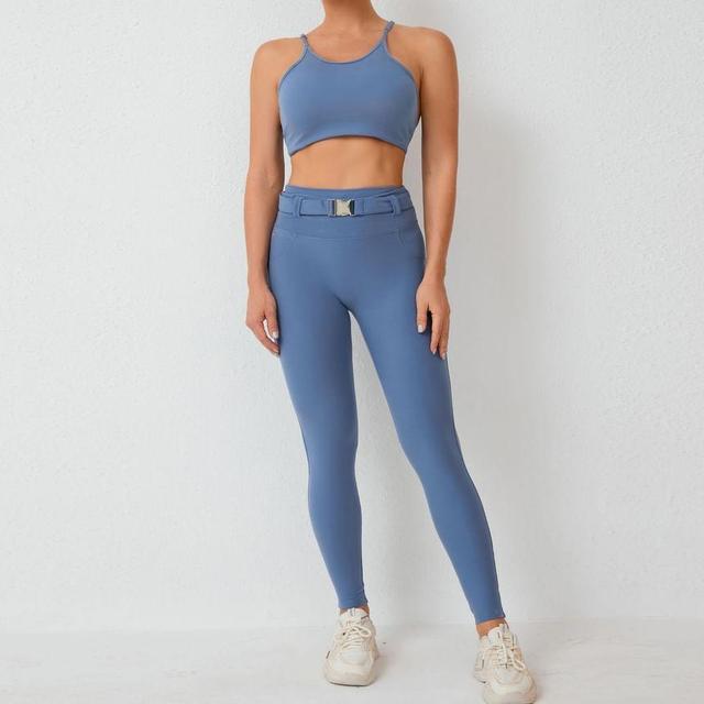 Set: Plain Racerback Sports Bra + High Waist Buckled Leggings Product Image