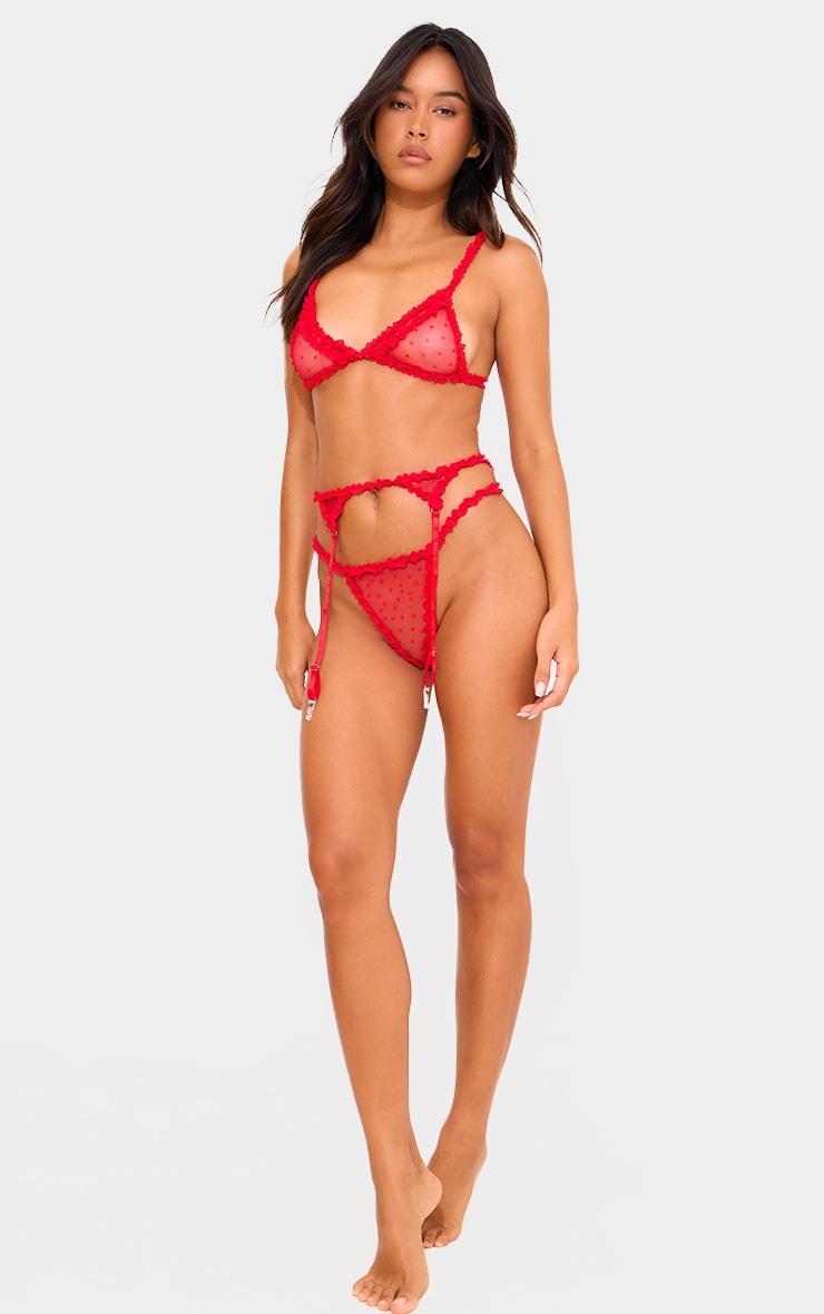 Red Polka Dot Mesh 3 Piece Lingerie Set Product Image