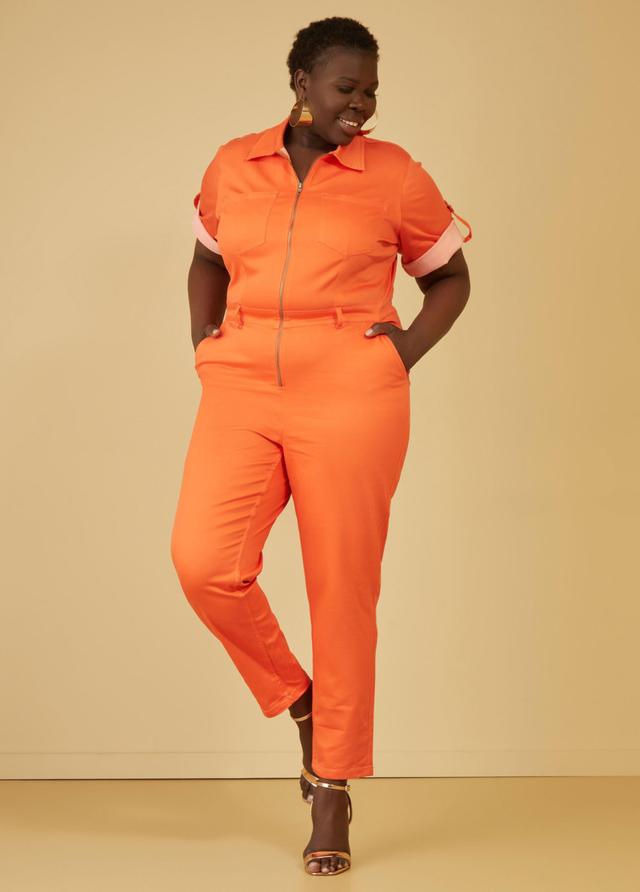 Plus Size Cuffed Stretch Denim Jumpsuit, - Ashley Stewart Product Image