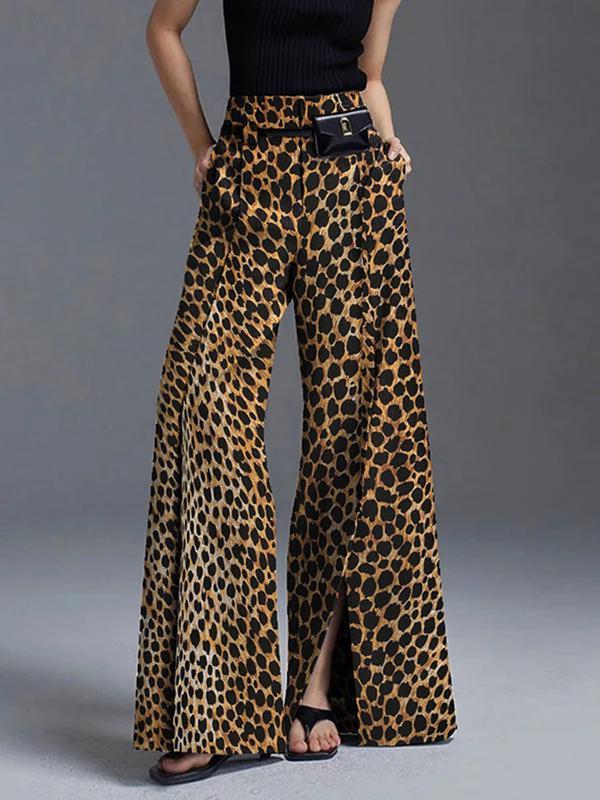 Loose Wide Leg Leopard Split-Front Casual Pants Bottoms Trousers product image