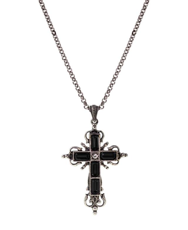 Silver-Tone Black Crystal Cross Necklace Product Image