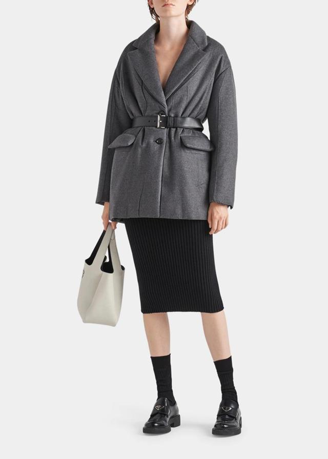 Single-breasted Belted Cashmere Padded Jacket In Grey Product Image