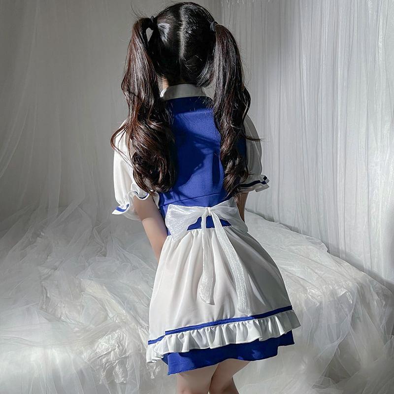 Short-Sleeve Collared Bow Accent Frill Trim Cutout Lace-Up Mini A-Line Dress Product Image