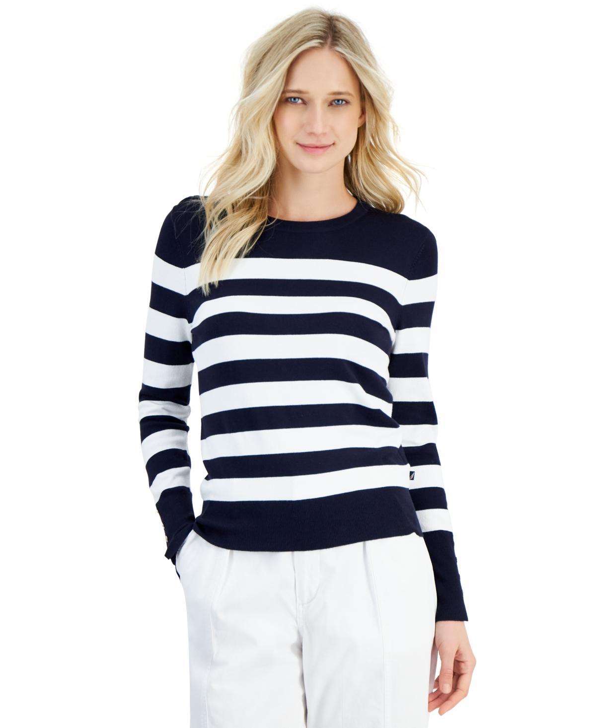 Women's Striped Button-Cuff Crewneck Sweater Product Image