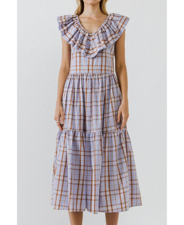 English Factory Womens Plaid Midi Dress With Ruffle Neckline Product Image