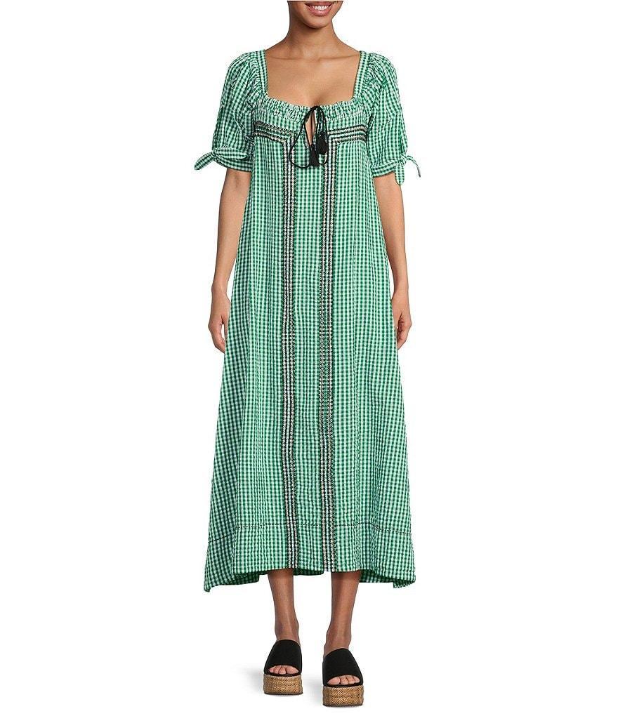 Free People Cass Gingham Print Square Neck Short Sleeve Midi Dress Product Image