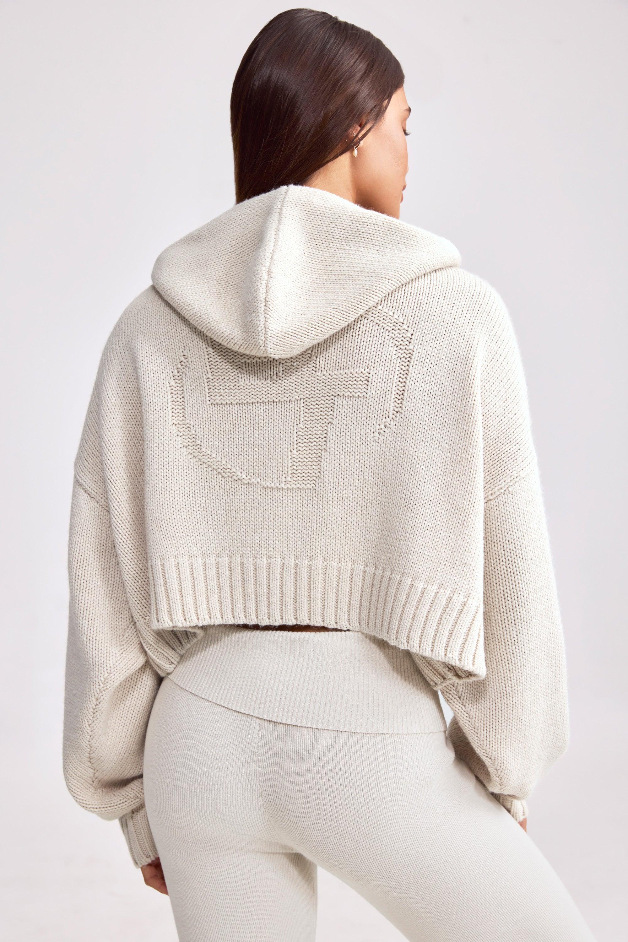 Cropped Zip-Up Chunky Knit Hoodie in Cream Product Image