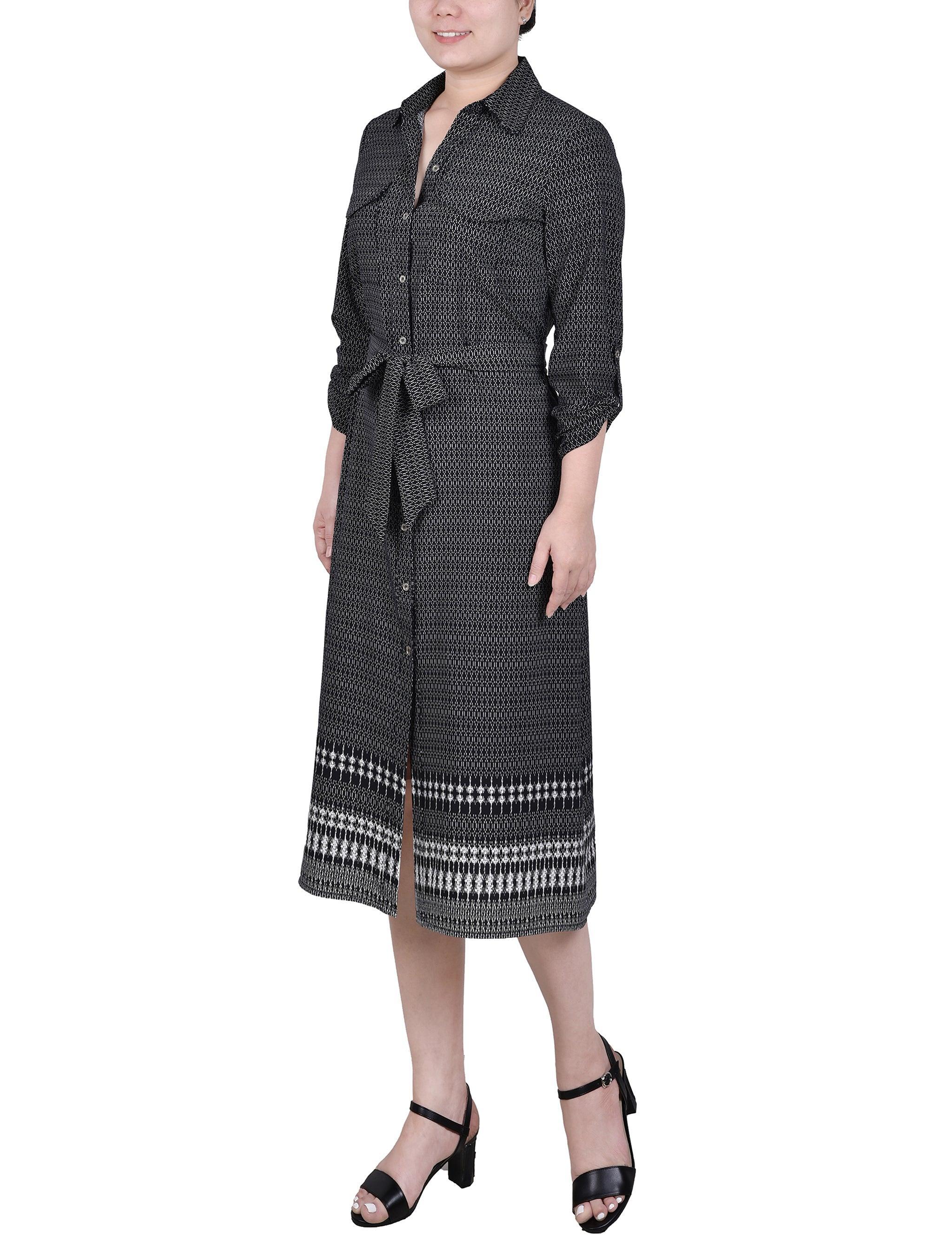 3/4 Length Roll Tab Sleeve Belted Shirtdress - Petite Product Image