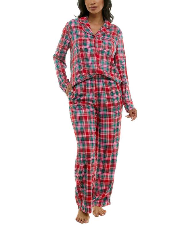 Roudelain Womens Notched-Collar Flannel Pajama Set Product Image