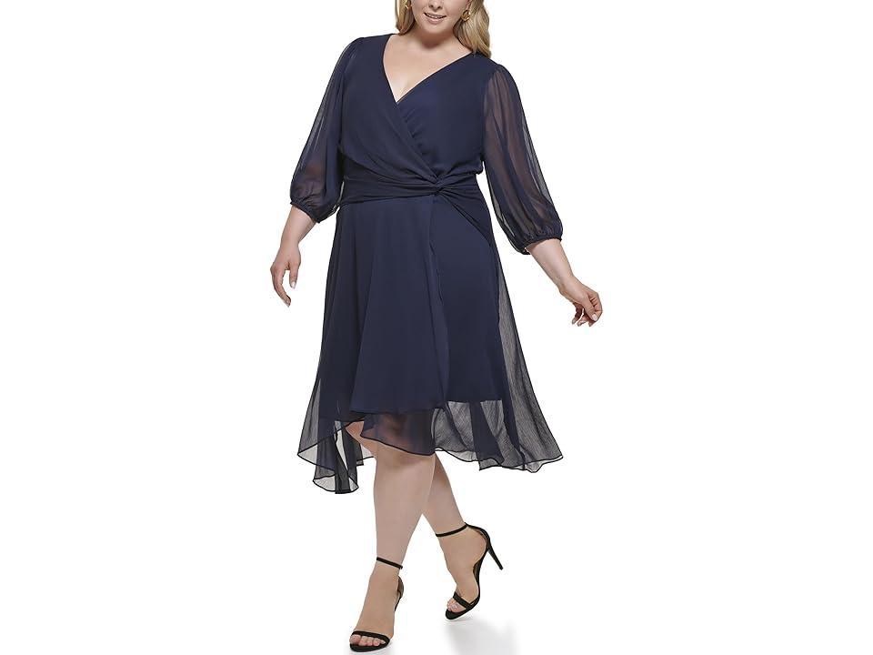 DKNY Plus Size Long Sleeve Balloon Sleeve Dress (Midnight Navy) Women's Clothing Product Image