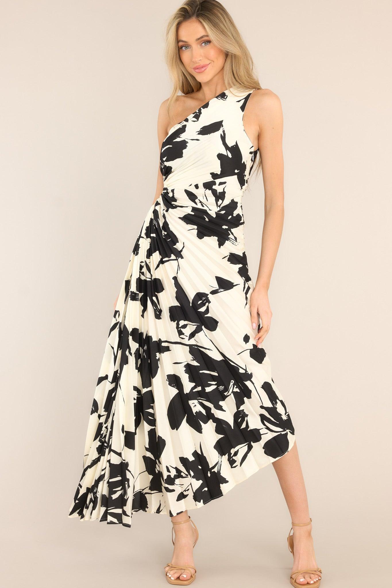 Timeless Ivory and Black Print Pleated Maxi Dress Product Image