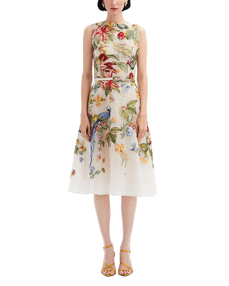 Oscar de la Renta Embroidered Belted Sleeveless Dress Product Image