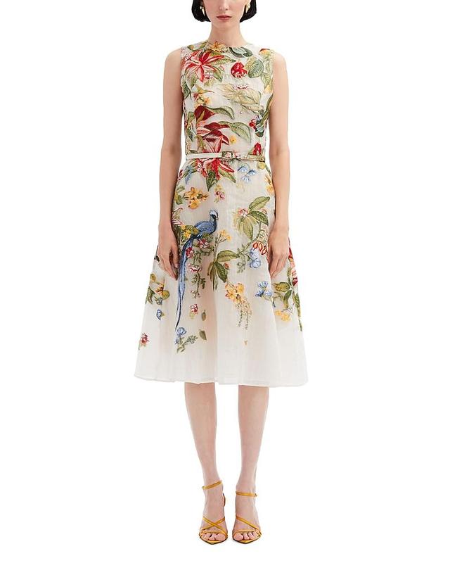 Oscar de la Renta Embroidered Belted Sleeveless Dress Product Image