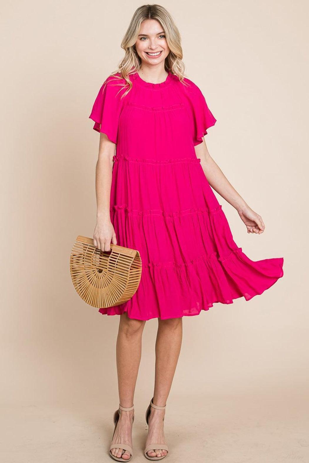 Tiered Babydoll Dress With Pockets Pink  Product Image